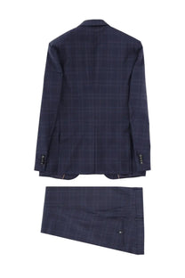 Navy blue plaid wool two piece dress suit with classic double breasted jacket and matching trousers by BOSS men