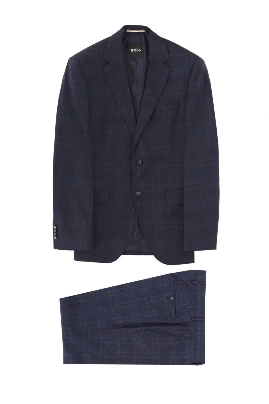 Navy blue plaid wool two piece dress suit by BOSS for men called Jeckson Blue displayed from front view