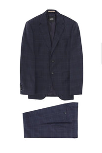 Navy blue plaid wool two piece dress suit by BOSS for men called Jeckson Blue displayed from front view