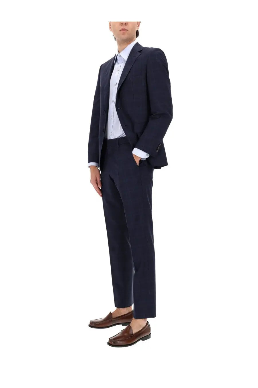 Navy blue tailored two piece dress suit by BOSS with subtle texture and classic fit for men