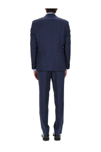Navy blue BOSS men’s two piece dress Jeckson suit with subtle textured weave and classic notched lapel design