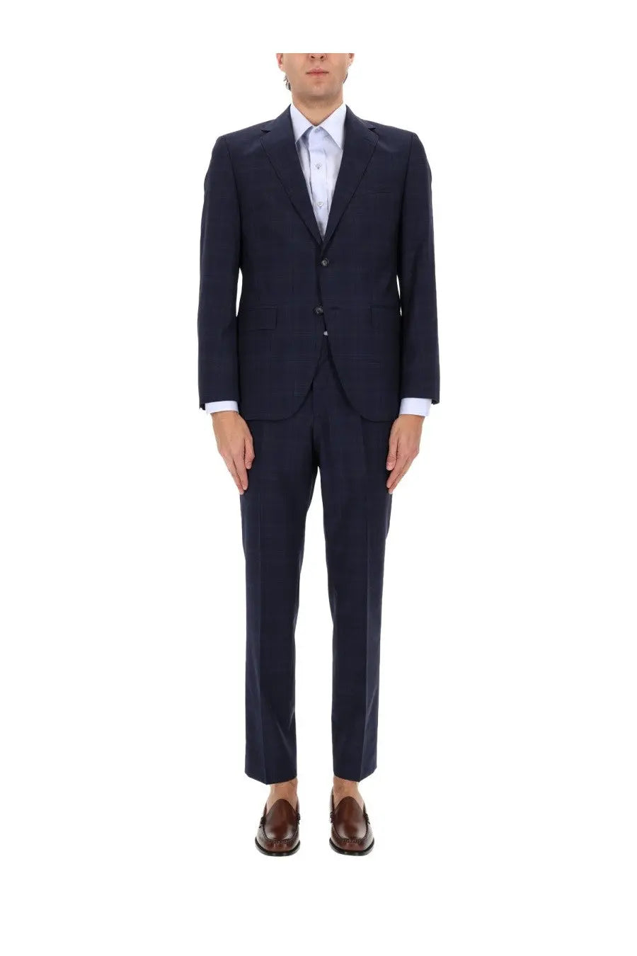 Boss men’s two piece dress jeckson blue navy wool suit with subtle texture and three button front closure