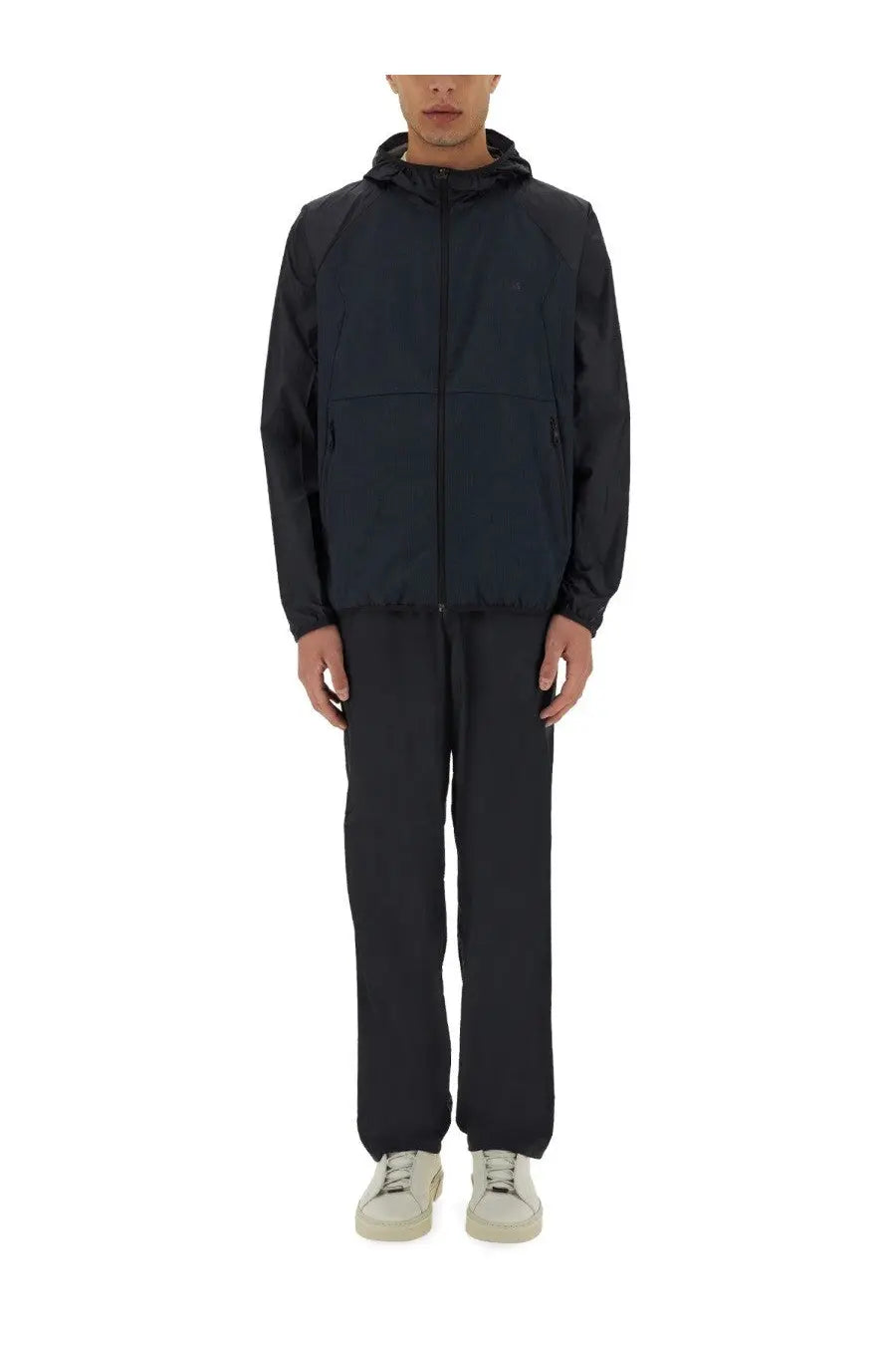 BOSS men’s two piece jumpsuit traier black featuring a black hooded jacket with full zipper and two front pockets