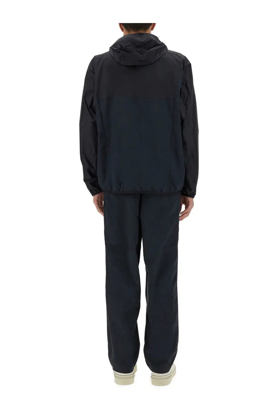 BOSS men’s two piece jumpsuit trair black features a black hooded jacket with sleek minimalist design and subtle seam detailing