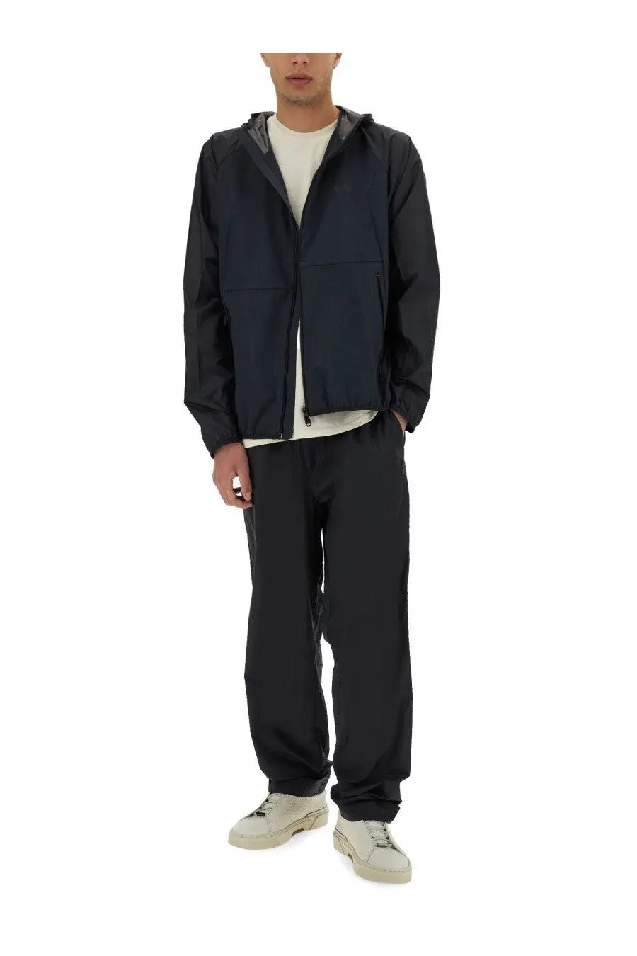Boss men’s two piece jumpsuit trair black with navy blue hooded jacket featuring subtle sheen and two front pockets