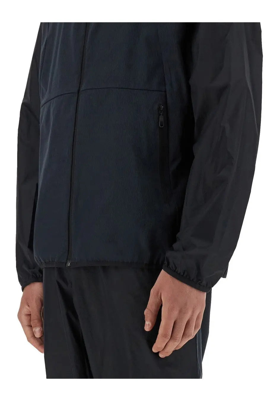 Boss men’s two piece jumpsuit traier black featuring a black nylon jacket with subtle seam detailing and front zipper closure