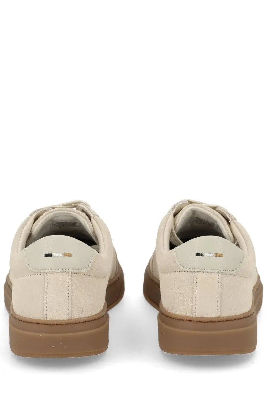 Cream-colored leather boss men’s vinston sneaker beige with tan rubber sole and subtle heel branding shown from back