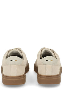 Cream-colored leather boss men’s vinston sneaker beige with tan rubber sole and subtle heel branding shown from back
