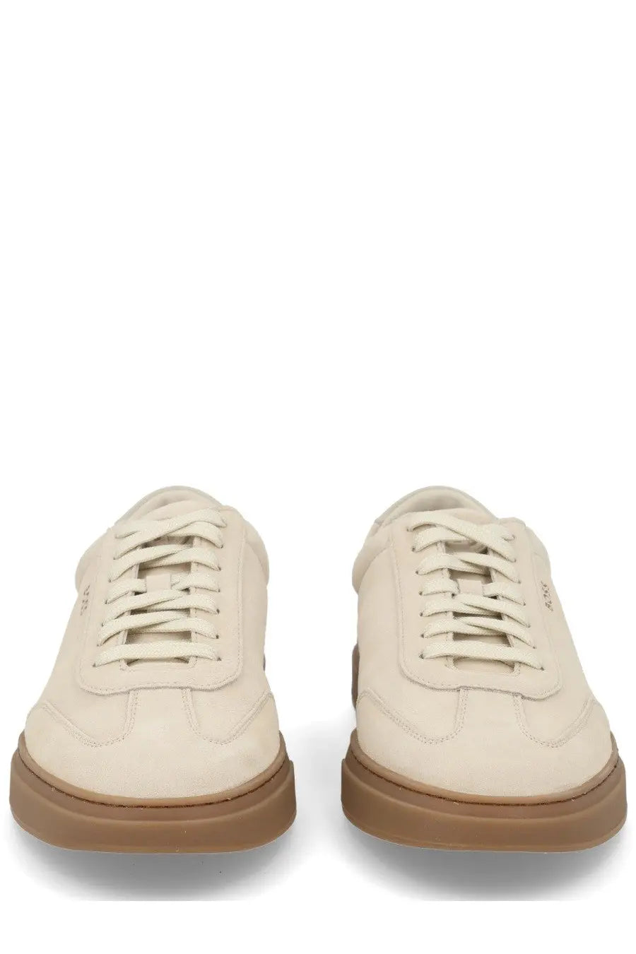 BOSS men’s Vinston sneaker beige cream-colored suede low-top sneaker with tan rubber sole and subtle side branding
