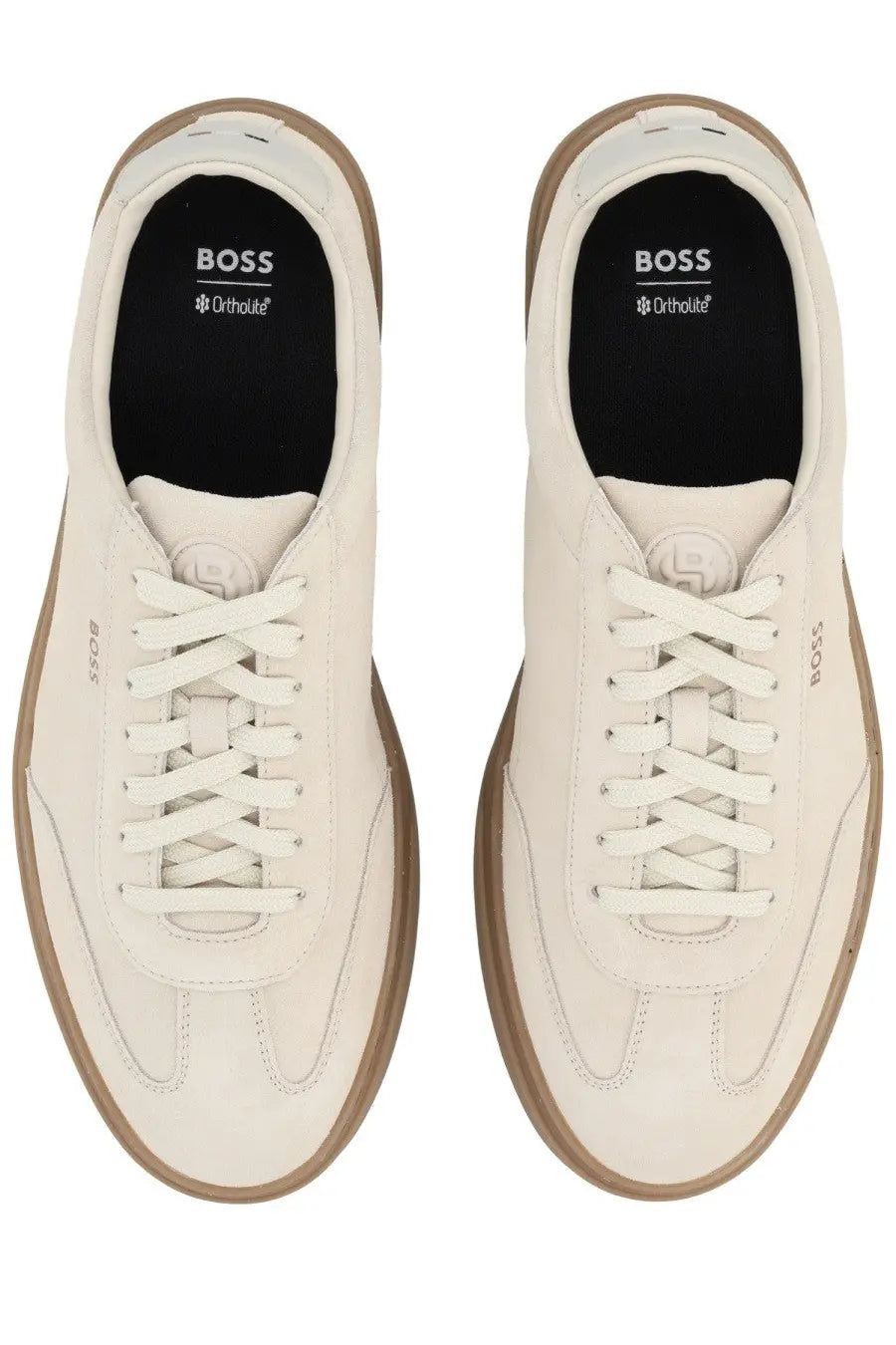 BOSS men’s Vinston sneaker beige in cream-colored suede with tan rubber soles and white laces