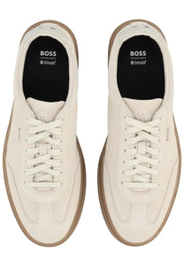BOSS men’s Vinston sneaker beige in cream-colored suede with tan rubber soles and white laces