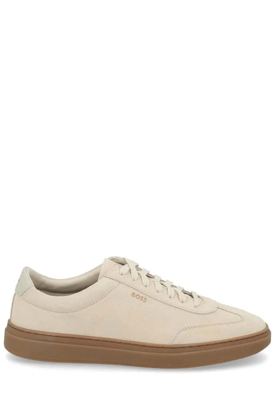 BOSS men’s Vinston sneaker beige suede low-top with tan rubber sole and boss branding on the side