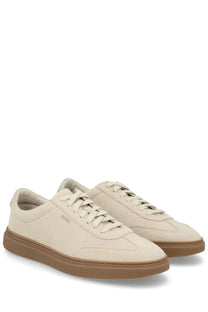 BOSS men’s Vinston sneaker beige featuring beige suede upper with tan rubber sole and matching laces