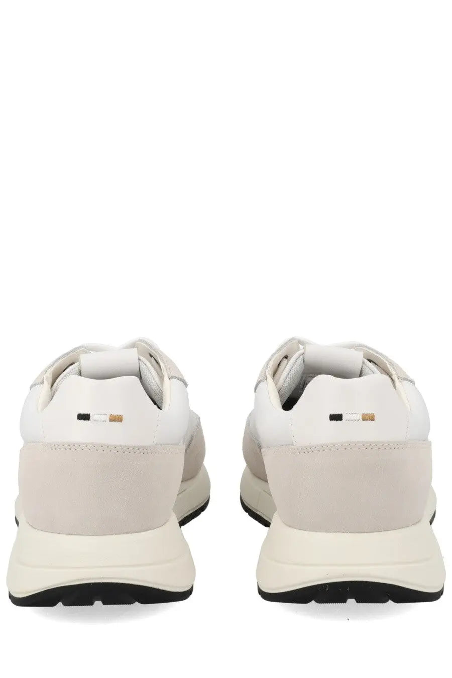 White and beige BOSS men’s Vinston sneaker with sleek modern design and subtle branding on the heel back side