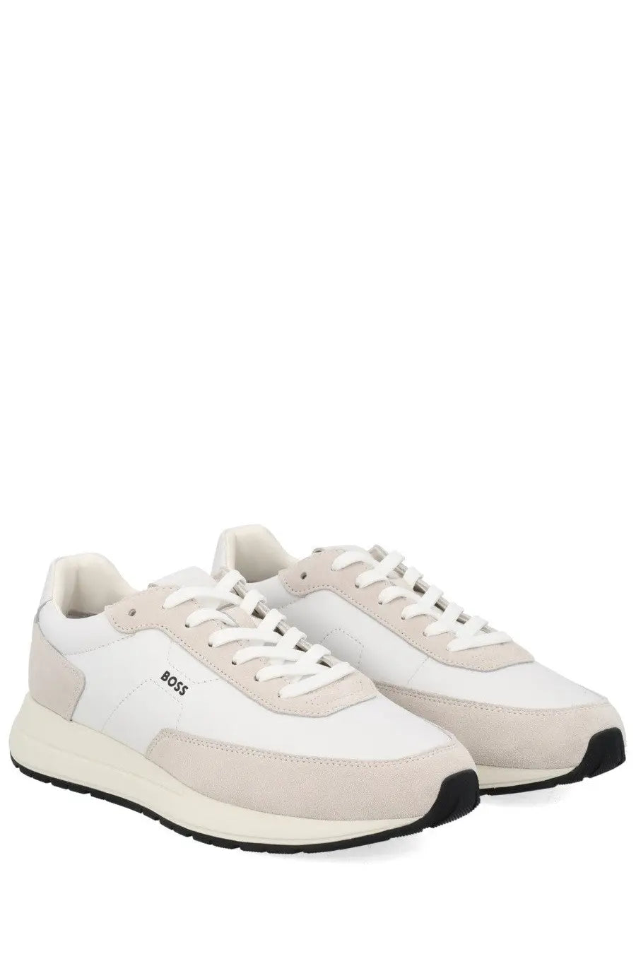 BOSS men’s vinston sneaker white with white and beige suede and leather upper and black rubber soles