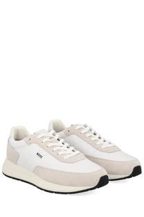 BOSS men’s vinston sneaker white with white and beige suede and leather upper and black rubber soles