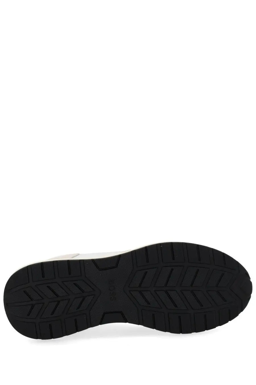 Black rubber sole with geometric tread pattern on boss men’s vinston sneaker white for grip and durability