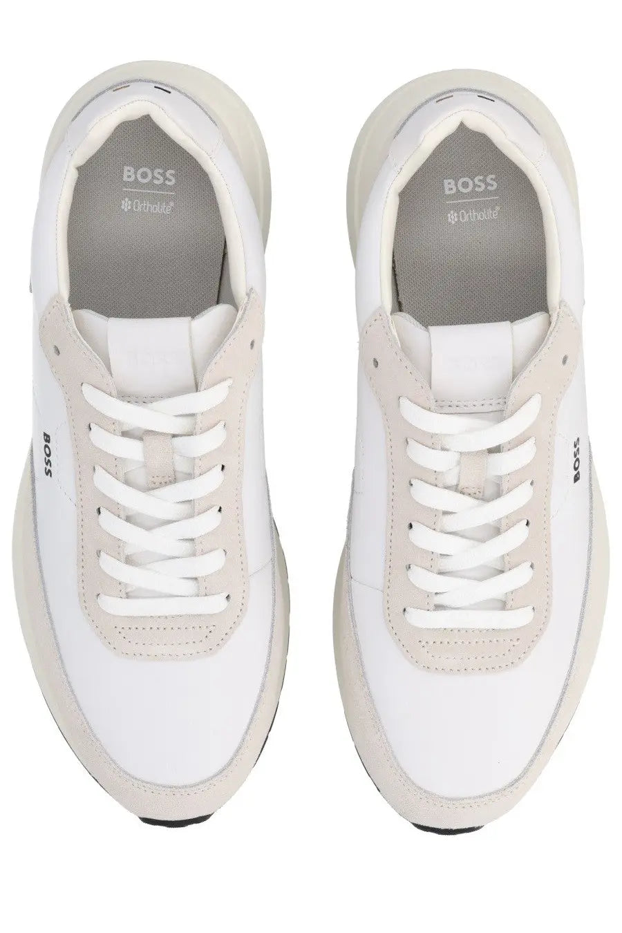 BOSS men’s Vinston sneaker white with beige accents featuring a sleek modern design in premium materials