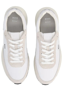 BOSS men’s Vinston sneaker white with beige accents featuring a sleek modern design in premium materials