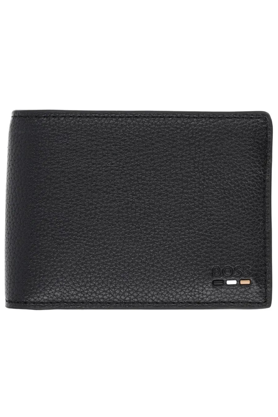 BOSS men’s wallet black made of pebbled leather with embossed logo and tricolor stripe detail
