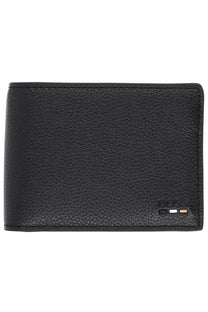 BOSS men’s wallet black made of pebbled leather with embossed logo and tricolor stripe detail