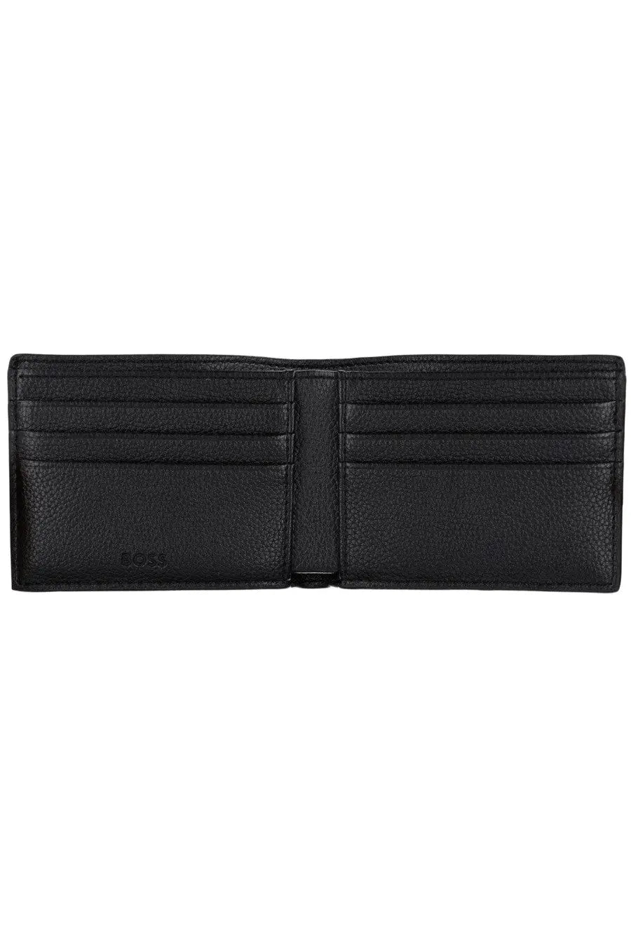 Boss men’s wallet black textured leather with multiple card slots and a central divider for organized storage