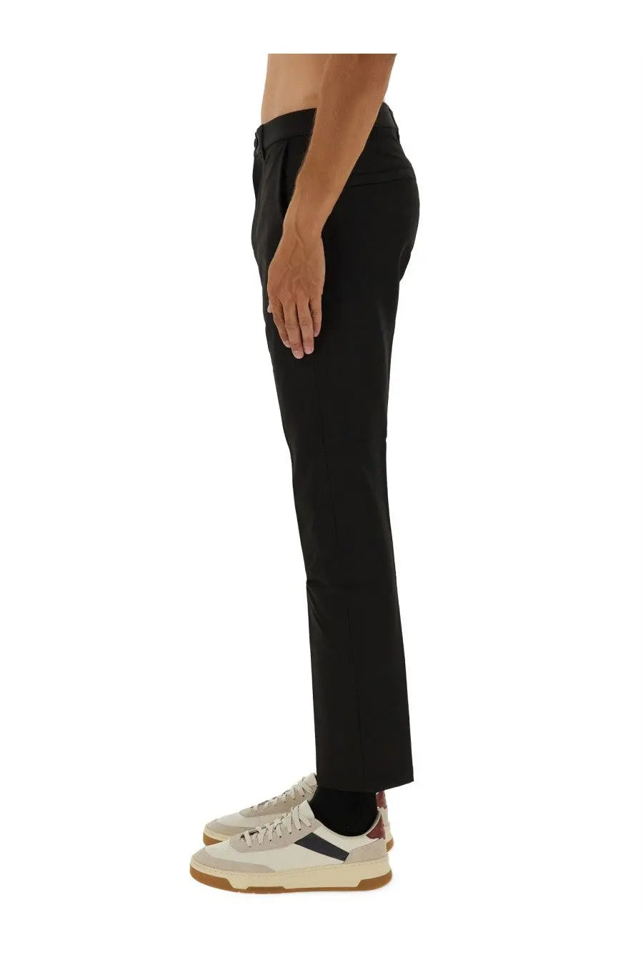 Boss men’s black tailored water repellent trousers with sleek straight-leg cut and subtle waistband pleats