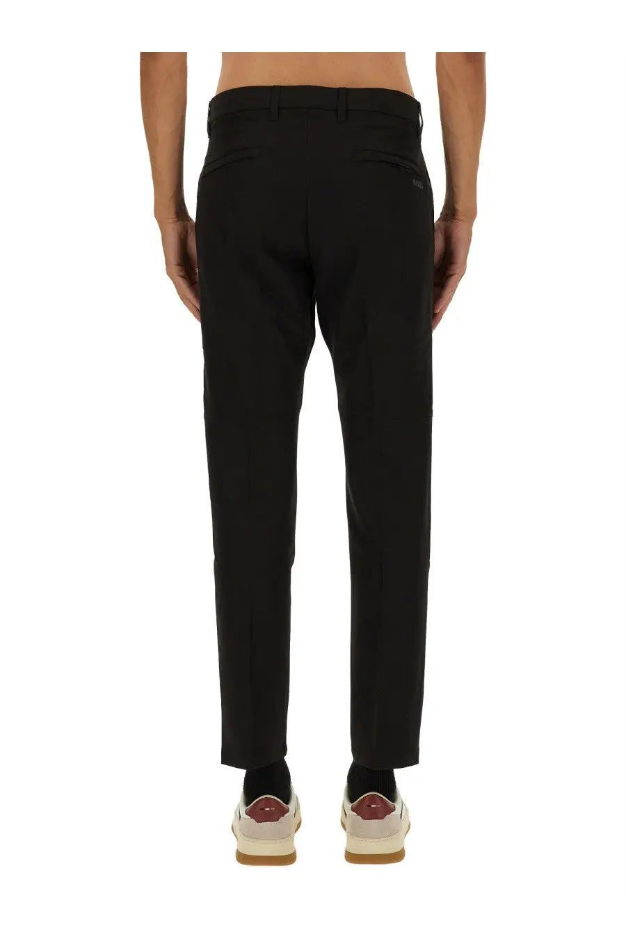 Black tailored boss men’s water repellent regular fit trousers with sleek straight leg and subtle stitching details