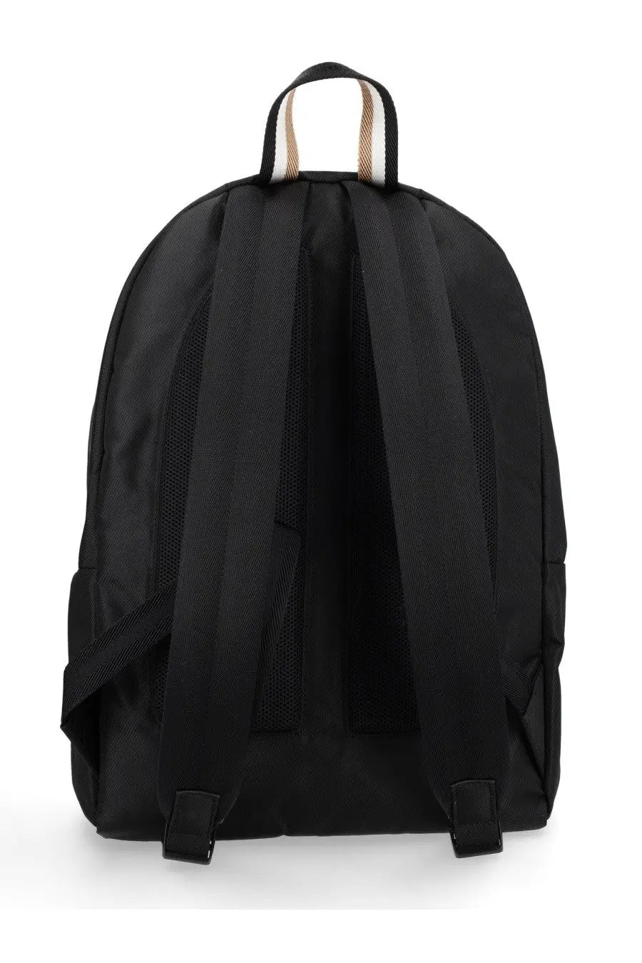 Boss men’s zaino catch black nylon backpack with mesh panels and tan and white striped top handle visible from back side