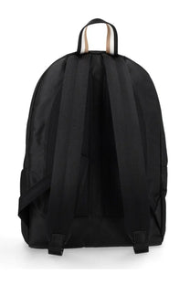 Boss men’s zaino catch black nylon backpack with mesh panels and tan and white striped top handle visible from back side