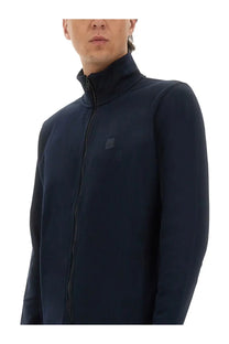 Boss men’s zip sweatshirt blue dark navy fleece jacket with zip-up closure textured finish and logo patch on chest