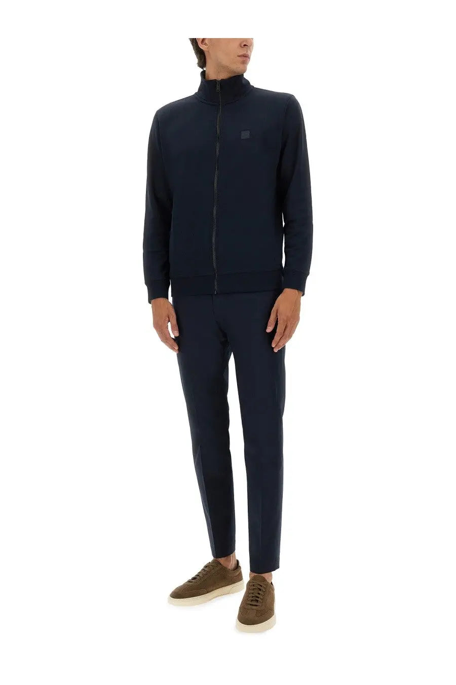 BOSS men’s navy blue zip-up sweatshirt with subtle logo on chest made from soft cotton blend for casual wear