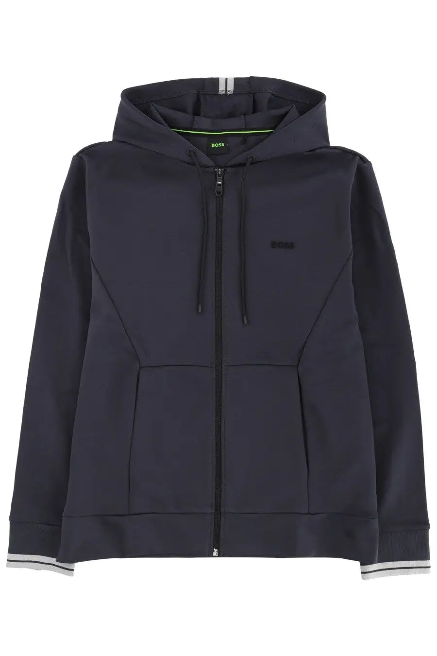 Boss men’s dark navy blue full-zip hoodie with subtle geometric panels white-trimmed cuffs and a black chest logo