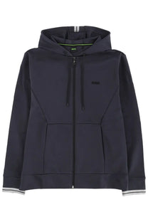 Boss men’s dark navy blue full-zip hoodie with subtle geometric panels white-trimmed cuffs and a black chest logo