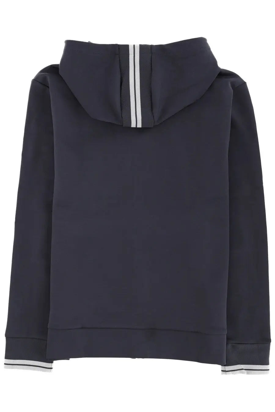 Back view of boss men’s dark navy blue zipper hoodie with white stripes down center and cuffs