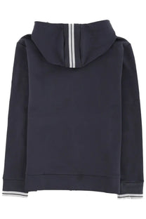 Back view of boss men’s dark navy blue zipper hoodie with white stripes down center and cuffs