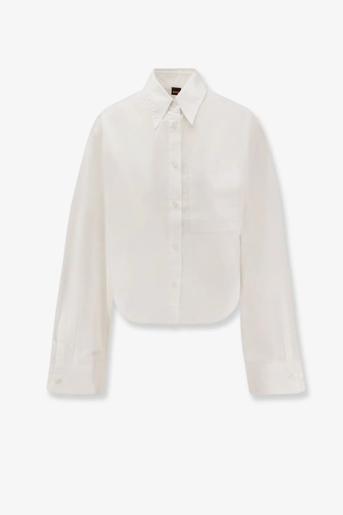 BOSS women’s boskota cotton shirt white with classic collar long sleeves and subtle pleats at the cuffs
