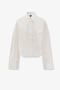 BOSS women’s boskota cotton shirt white with classic collar long sleeves and subtle pleats at the cuffs