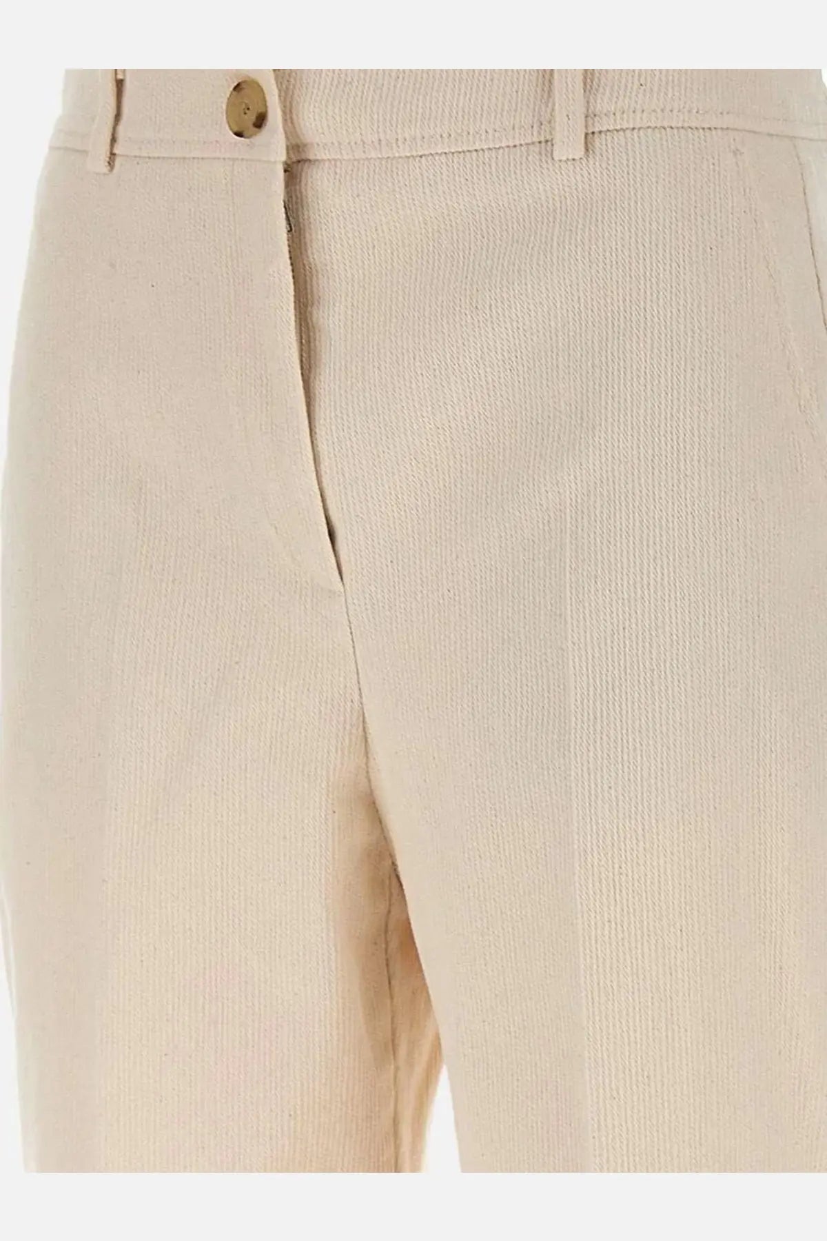 BOSS women’s grey corduroy trousers with subtle ribbed texture and a single gold-toned button at the waistband