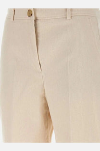 BOSS women’s grey corduroy trousers with subtle ribbed texture and a single gold-toned button at the waistband