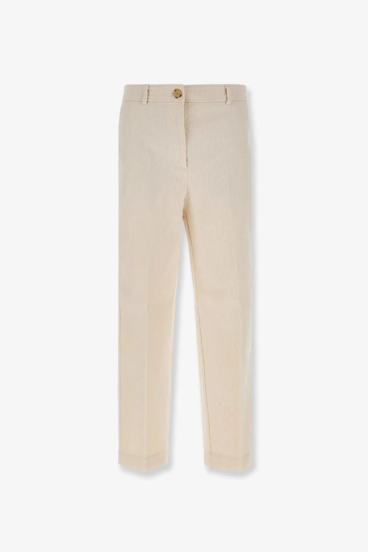 BOSS women’s grey corduroy trousers with beige textured fabric, subtle vertical stripe pattern, and gold-toned waistband button