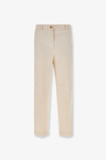 BOSS women’s grey corduroy trousers with beige textured fabric, subtle vertical stripe pattern, and gold-toned waistband button