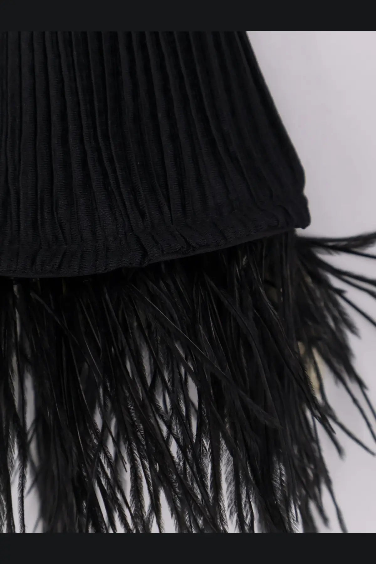BOSS women’s Efedera pleated black top with fringe of black feathers made from lightweight fabric