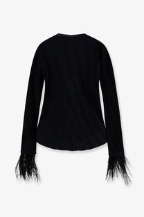 Boss women’s efedera pleated black long-sleeved top with feathered cuffs made from lightweight fabric