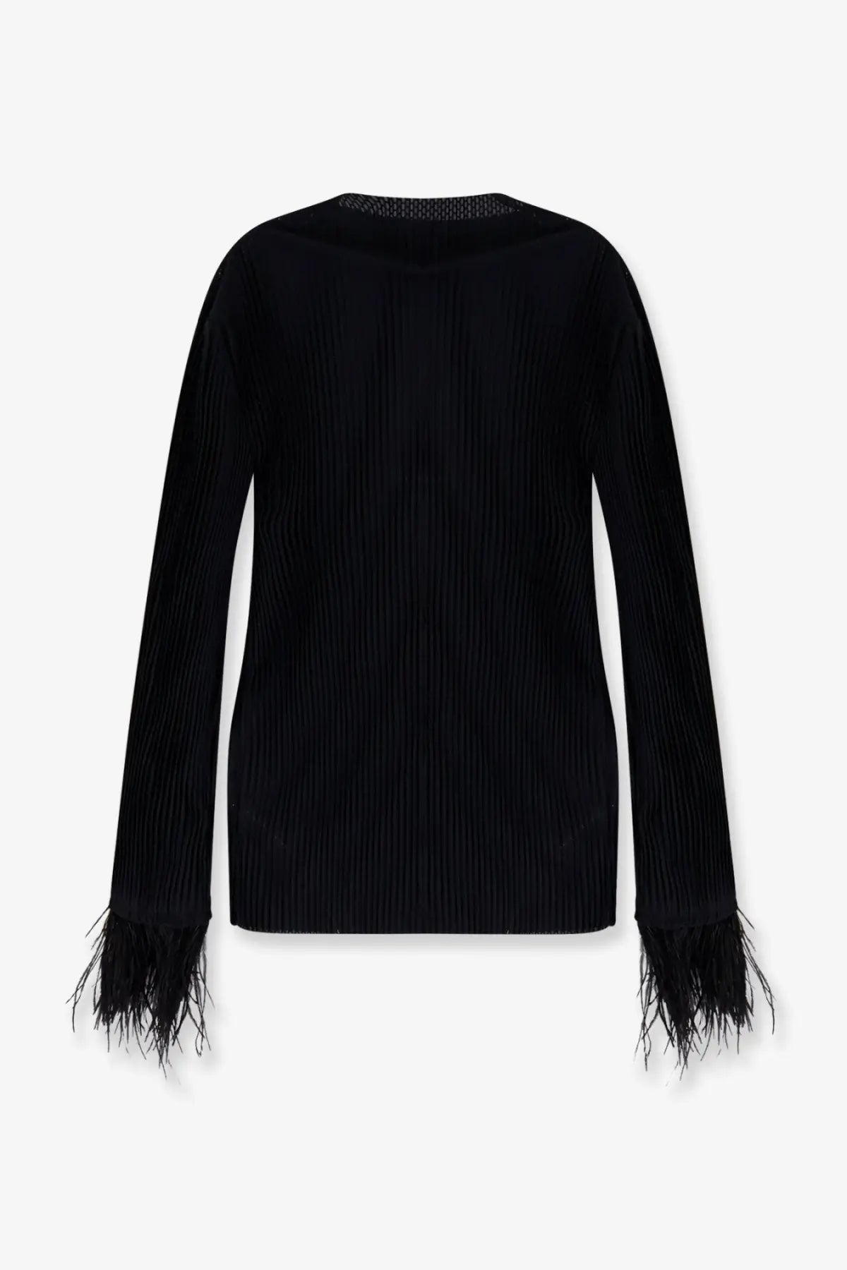 Black ribbed knit sweater with feathered cuffs from boss womens efedera pleated top collection in black