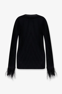 Black ribbed knit sweater with feathered cuffs from boss womens efedera pleated top collection in black