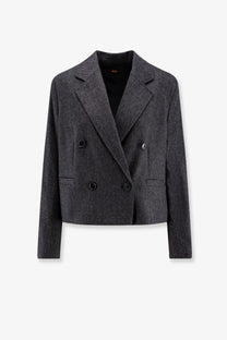 Dark gray double breasted wool blend blazer with textured fabric and black buttons from boss women’s jafleni collection