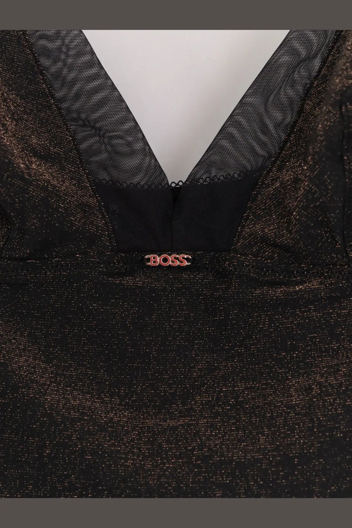 Black shimmering lurex dress with v-neckline and sheer mesh featuring boss logo at center in womens tank top slip set