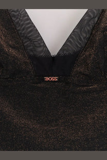Black shimmering lurex dress with v-neckline and sheer mesh featuring boss logo at center in womens tank top slip set