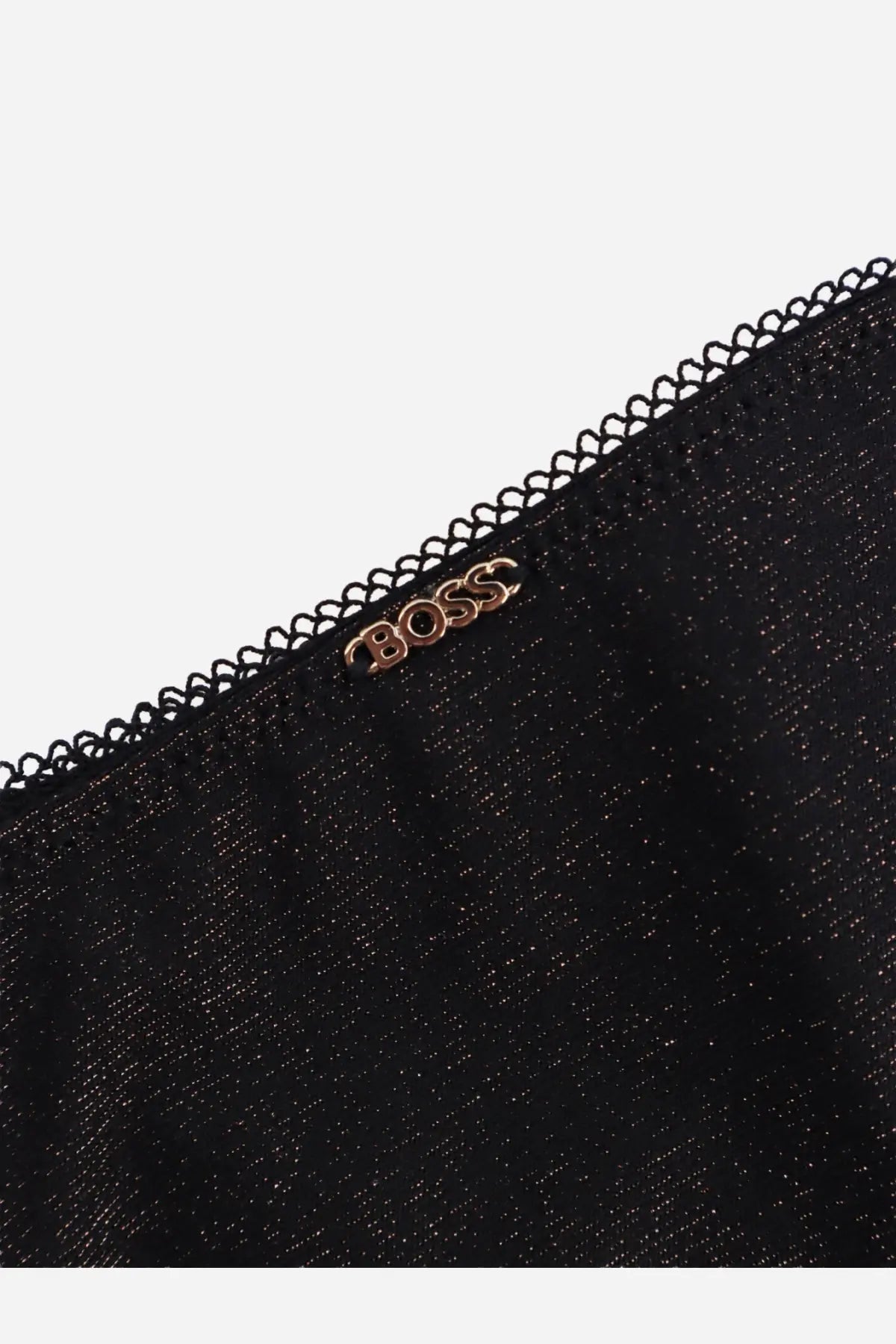 BOSS women’s black lurex thong with shimmering fabric scalloped lace trim and rose gold boss logo emblem